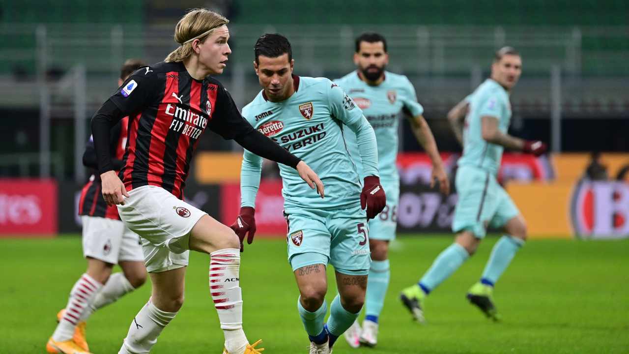 Fase di gioco Milan-Torino, anticipo 17esima giornata sabato sera