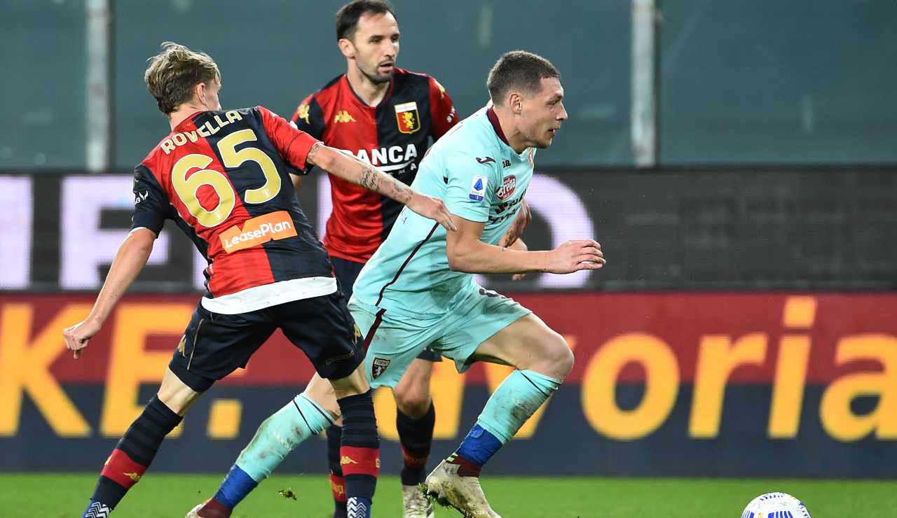 Nicolò Rovella con la maglia del Genoa, contrasta Belotti