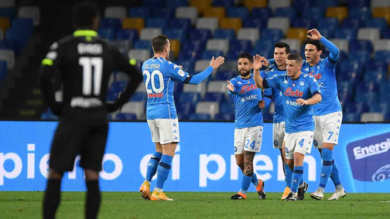 Napoli - Spezia, l'esultanza dei calciatori azzurri