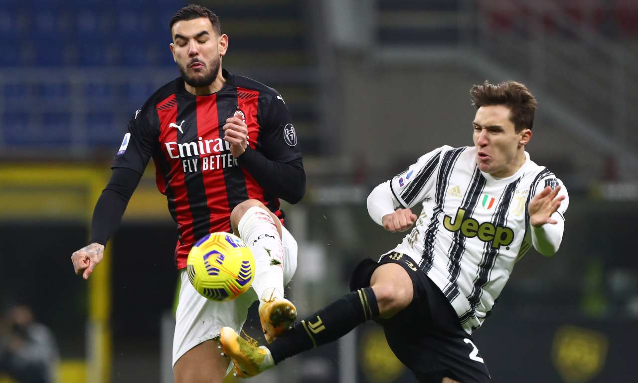 Theo Hernandez e Federico Chiesa a contrasto in Juventus-Milan
