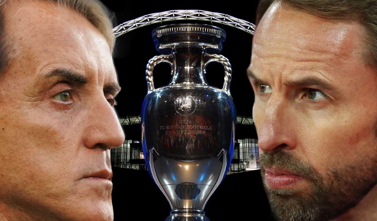 Italia-Inghilterra, Mancini e Southgate con la Coppa di Euro 2020