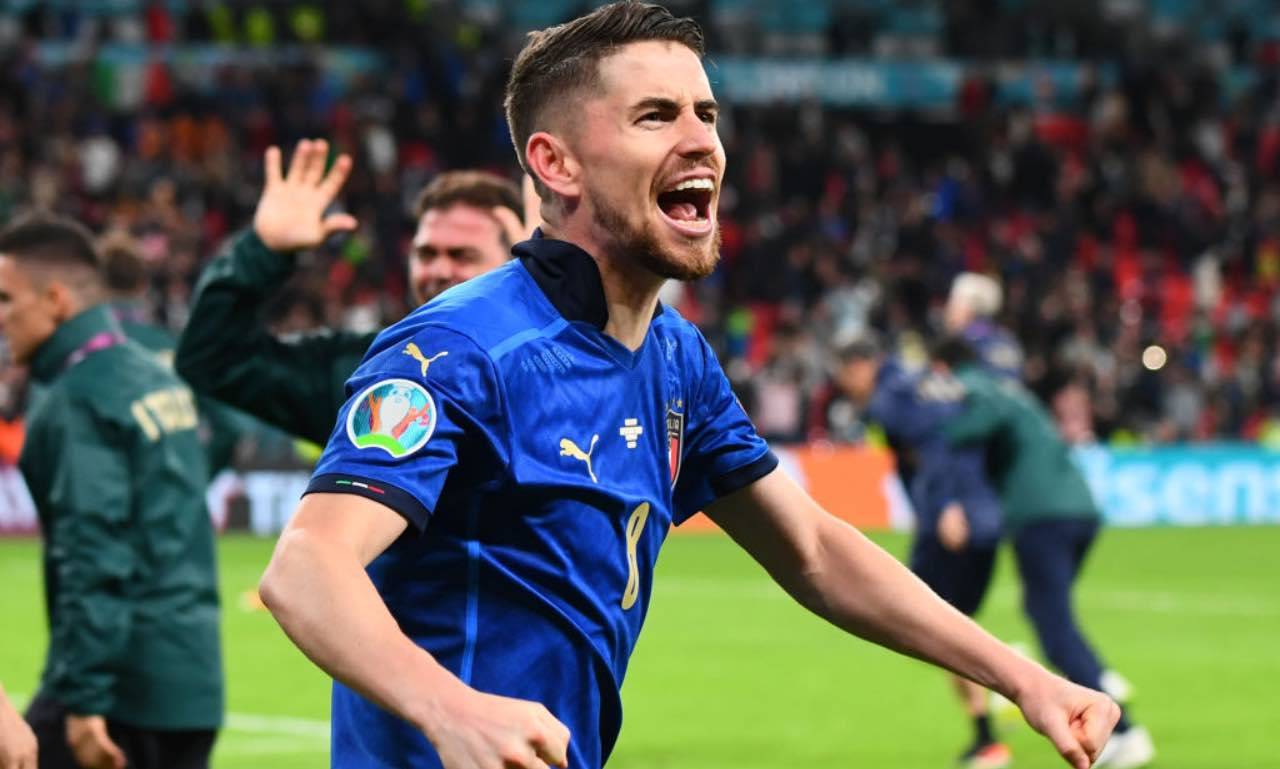 Italia, Jorginho festeggia dopo il gol alla Spagna 