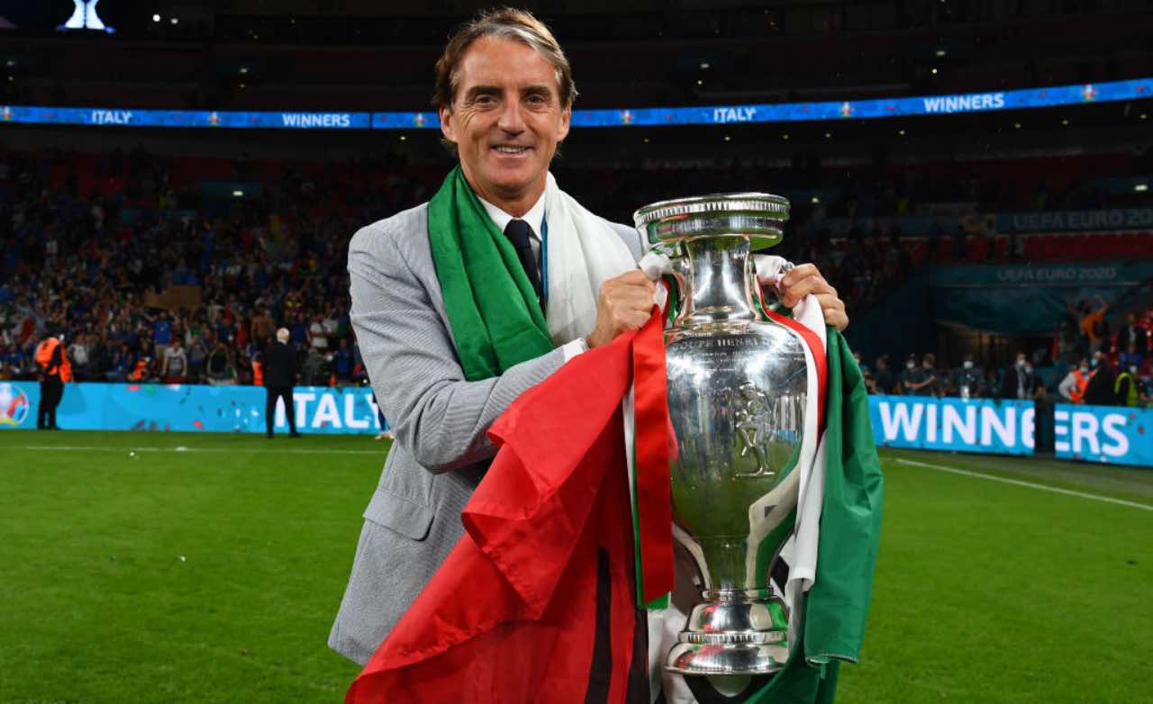 Mancini con il trofeo di EURO 2020