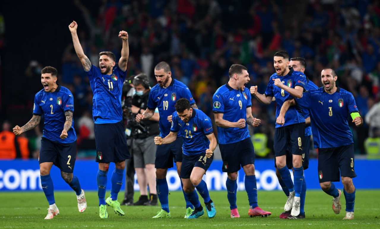 L'esultanza dell'Italia dopo la vittoria a Euro 2020