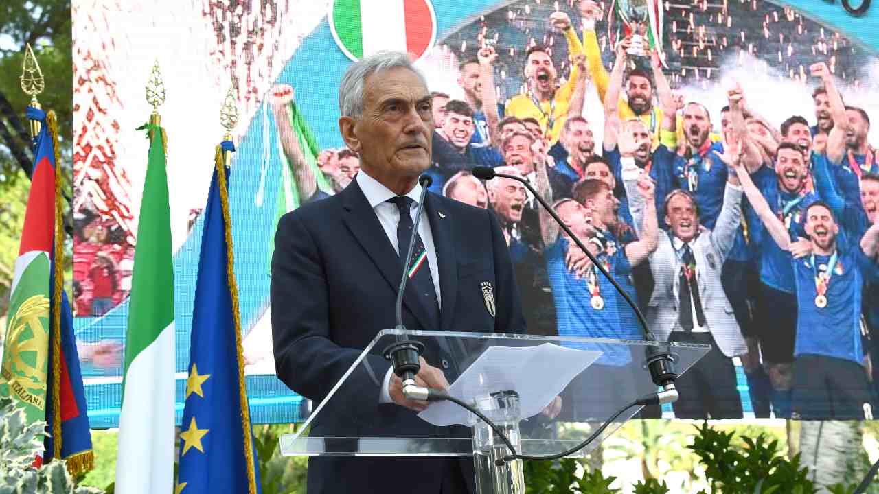 Gabriele Gravina raggiante dopo la vittoria dell'Italia ad Euro 2020