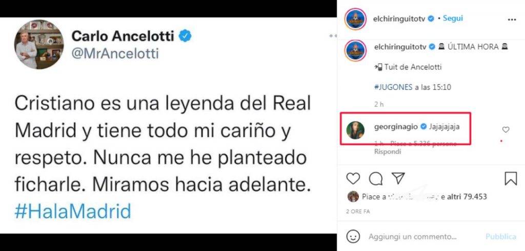 La risposta di Georgina sul tweet di Ancelotti su Ronaldo