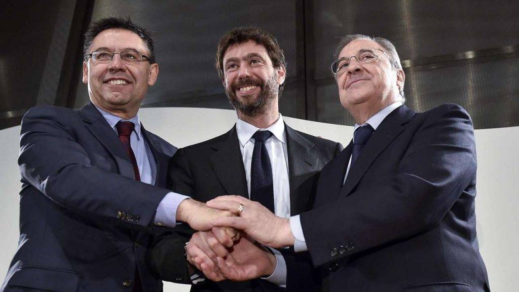 I due principali fautori della SuperLega Agnelli, Perez e l'ex presidente del Barcellona Bartomeu