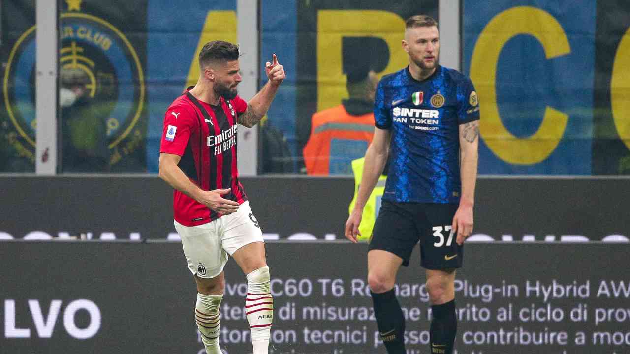 Giroud esulta, Skriniar deluso Inter-Milan