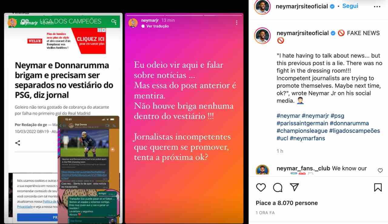 Un post di Neymar sui social 