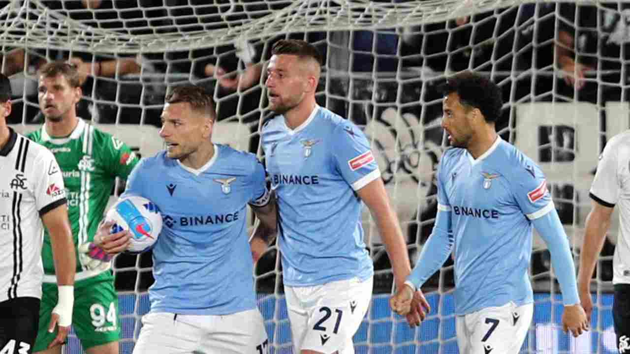 Immobile, Milinkovic-Savic, Felipe Anderson dopo il gol Lazio