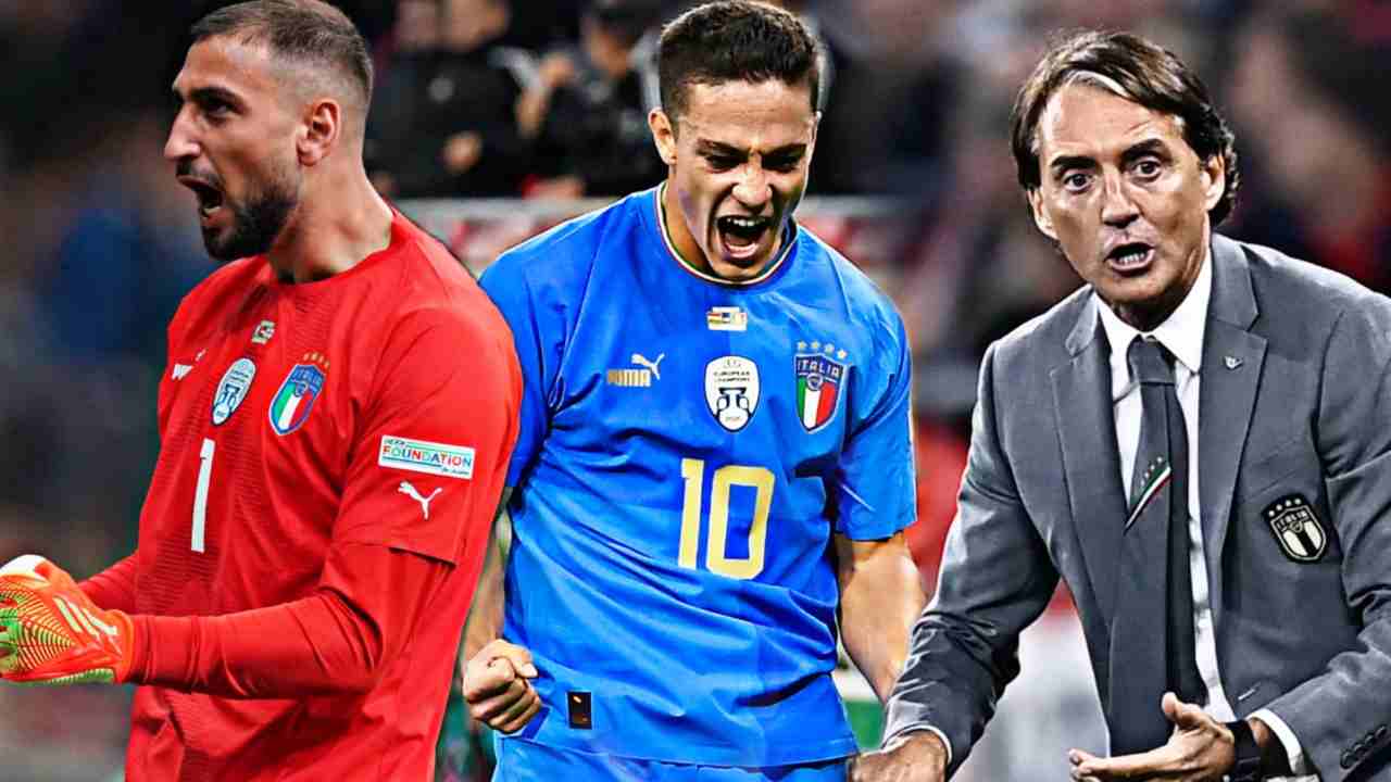 Mancini, Donnarumma e Raspadori esultano