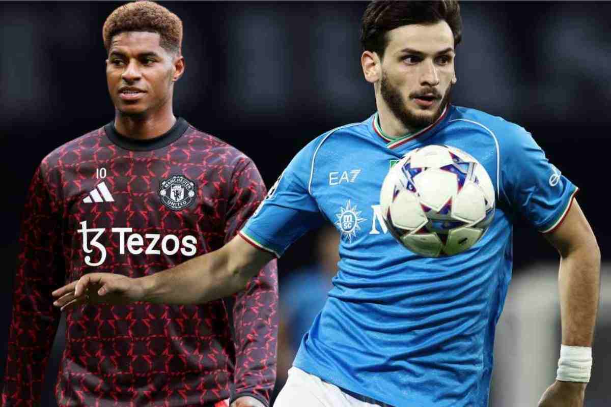 Marcus Rashford attaccante del Manchester United e Kvicha Kvaratskhelia attaccante del Napoli 