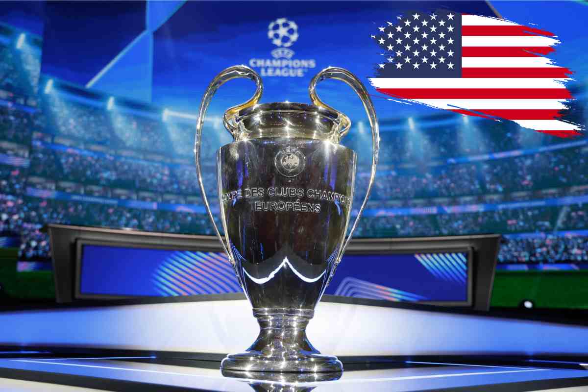 Il trofeo della Champions League in bella mostra e la bandiera USA