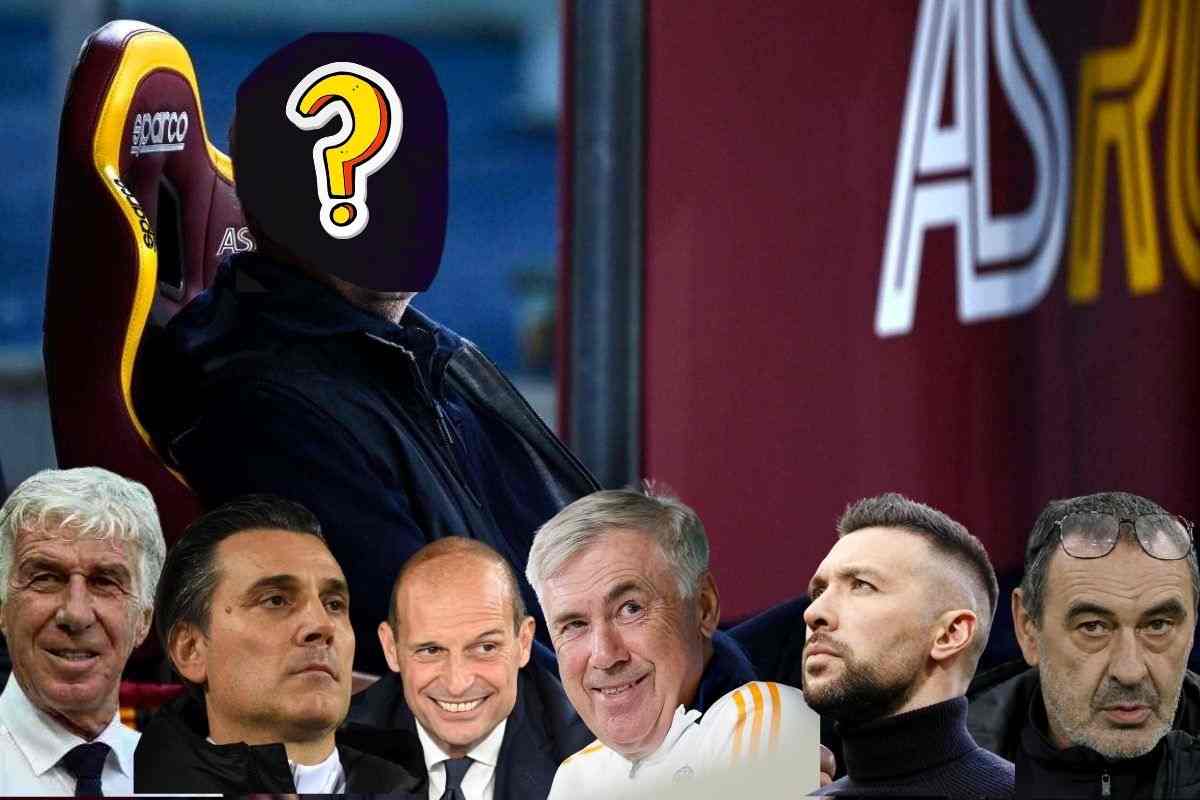 La panchina della Roma e le teste di Gasperini Montella Allegri Ancelotti Farioli e Sarri