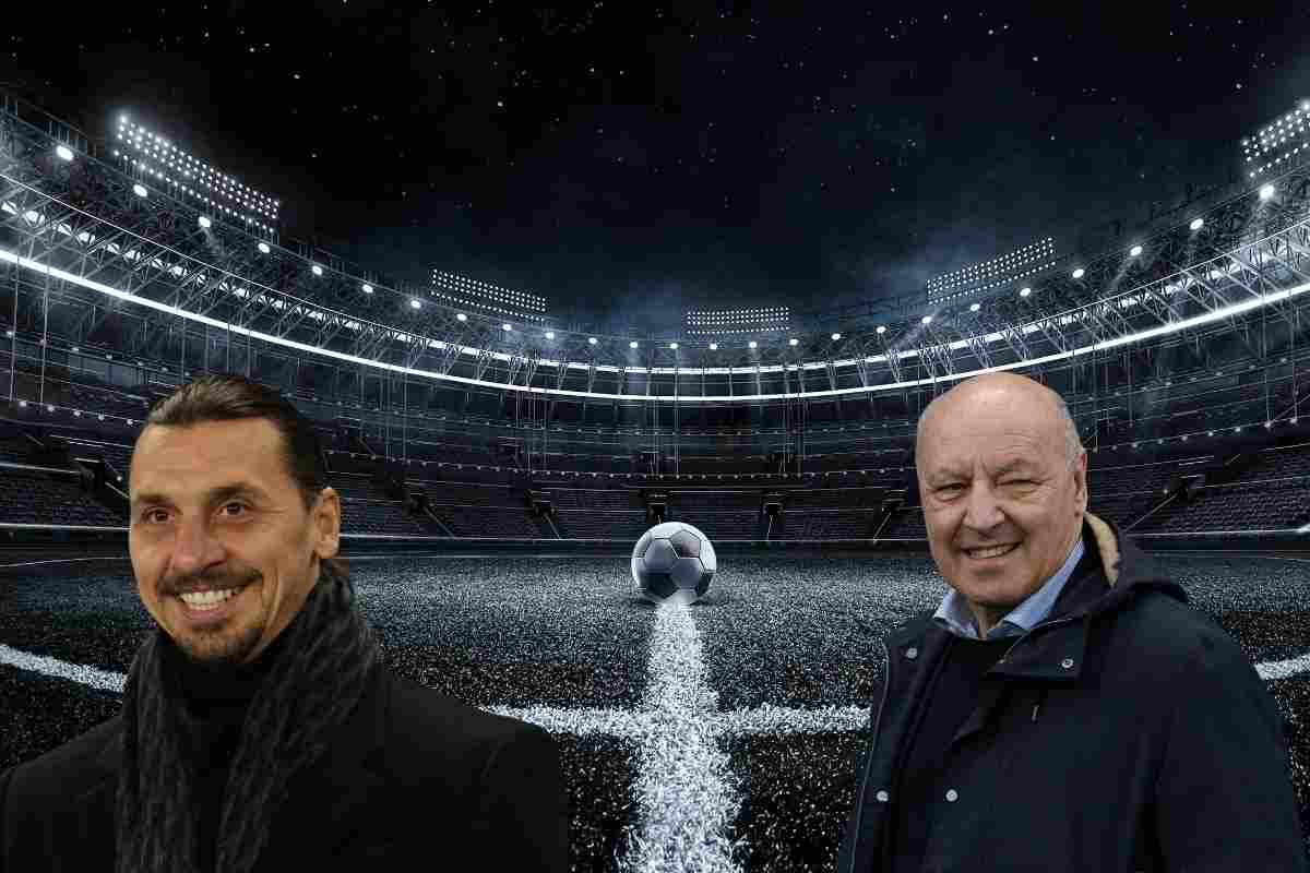 Zlatan Ibrahimovic e Giuseppe Marotta sorridono con uno stadio sullo sfondo
