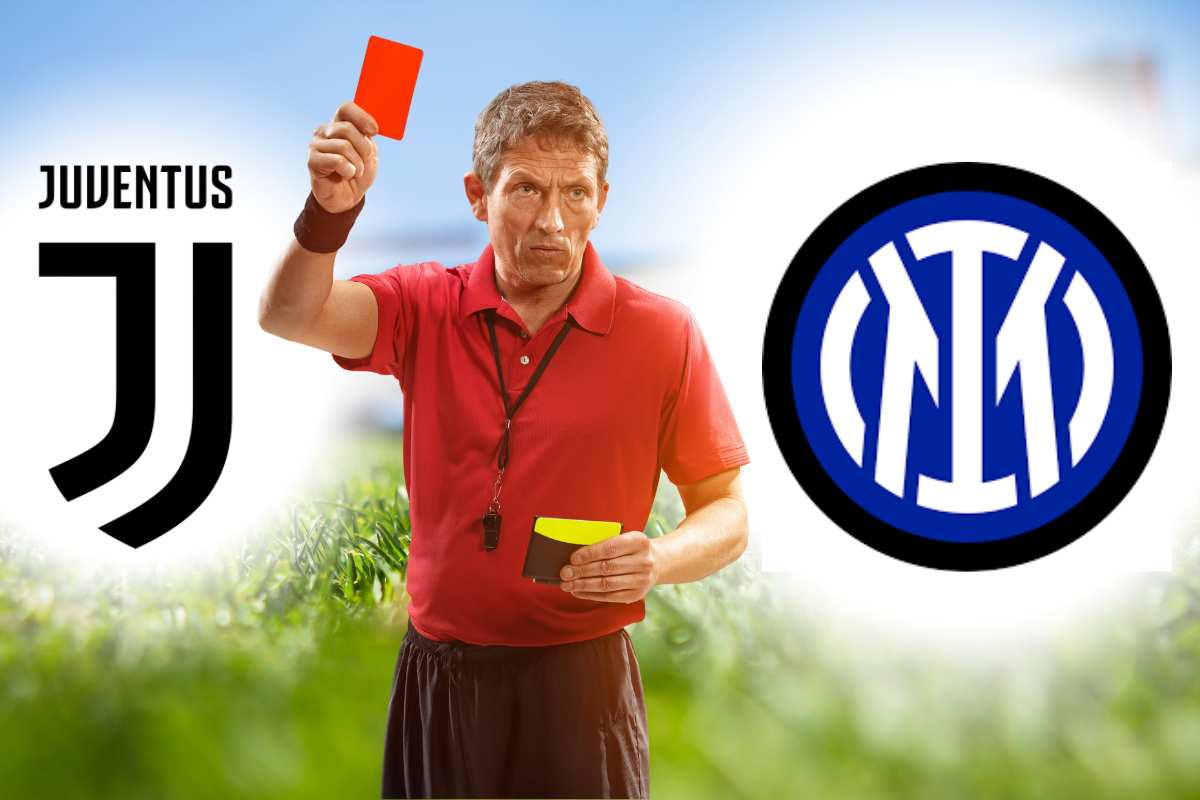 Logo Juventus e logo Inter e arbitro che estrae il cartellino rosso