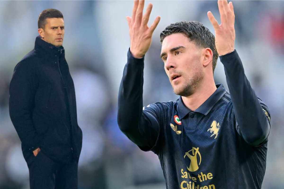 Thiago Motta guarda Dusan Vlahovic che impreca
