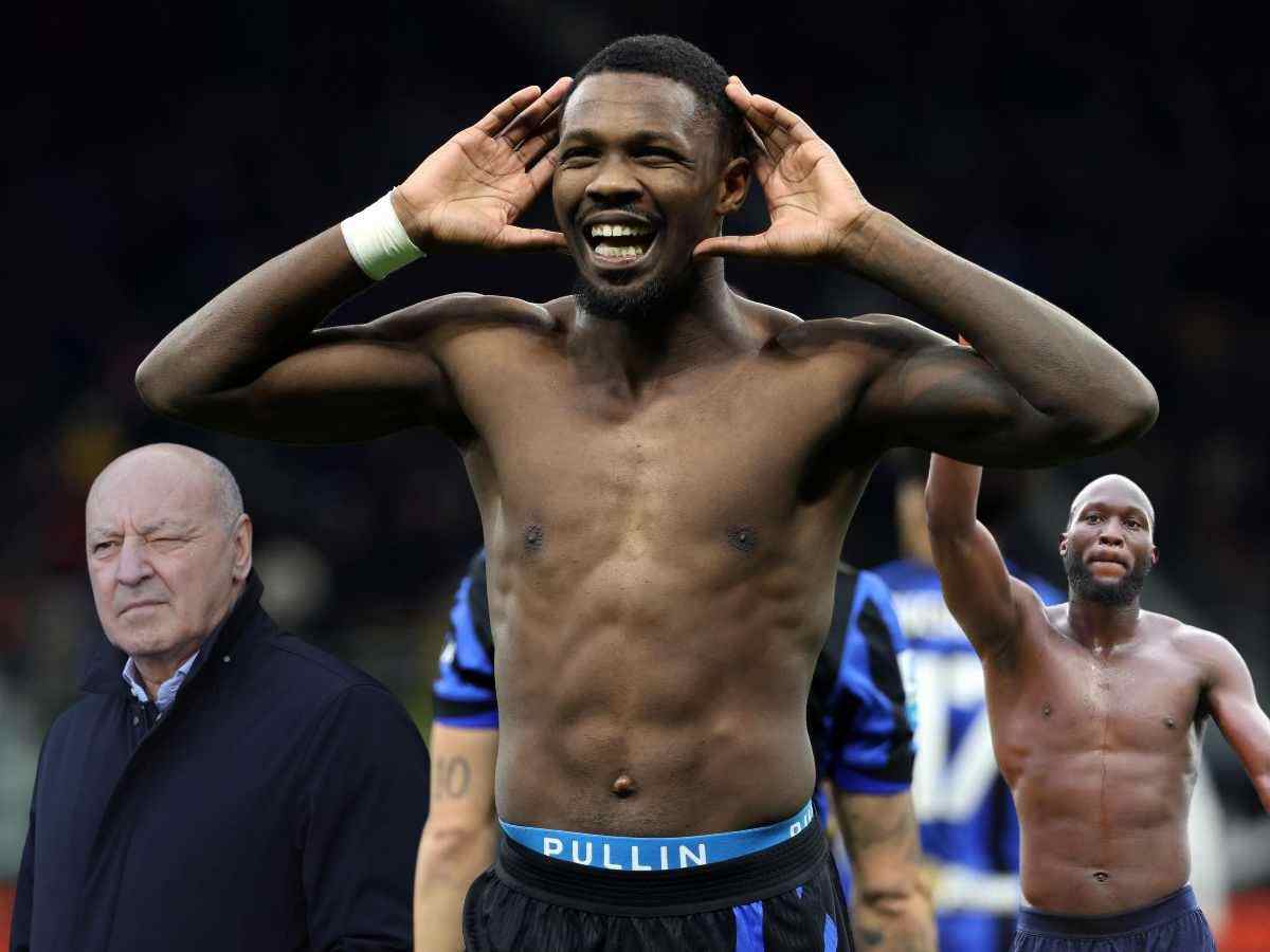 Marcus Thuram esulta, ai suoi lati Marotta e Lukaku