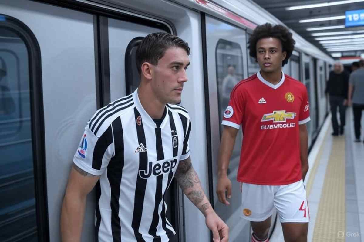 Vlahovic e Zirkzee sulla banchina della metropolitana, immagine generata da IA