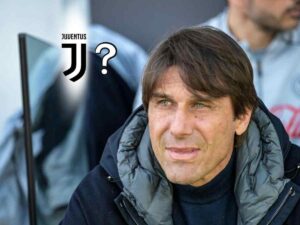 Antonio Conte con il logo della Juventus e un punto interrogativo