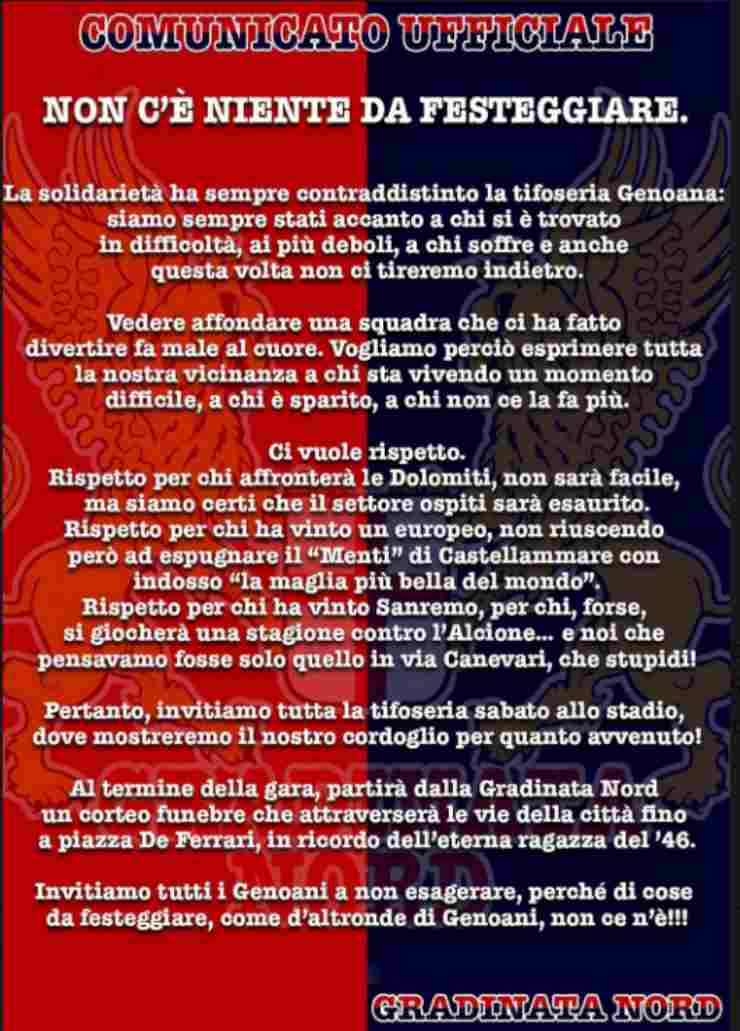 Comunicato dei tifosi del Genoa 