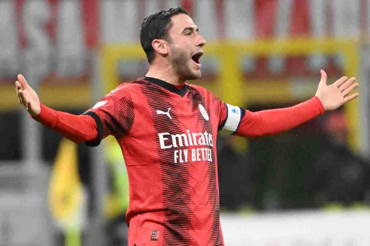 Davide Calabria che esulta con la fascia di capitano del Milan al braccio