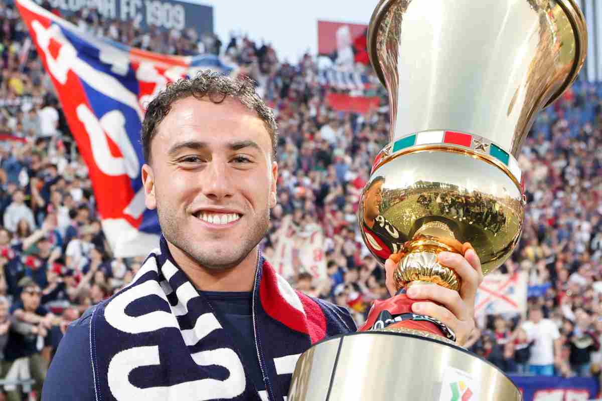 Davide Calabria mostra la coppa Italia vinta con il Bologna