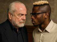 De Laurentiis e Osimhen si guardano in cagnesco, immagine generata con IA