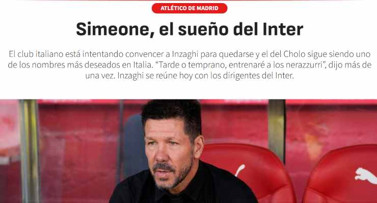 screenshot da AS che parla di Diego Simeone all'Inter 