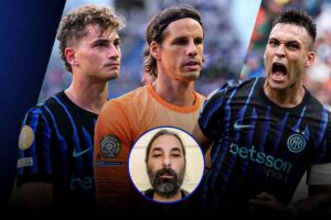 Giocatori dell'inter con al centro il giornalista Giuseppe Franza di Interlive