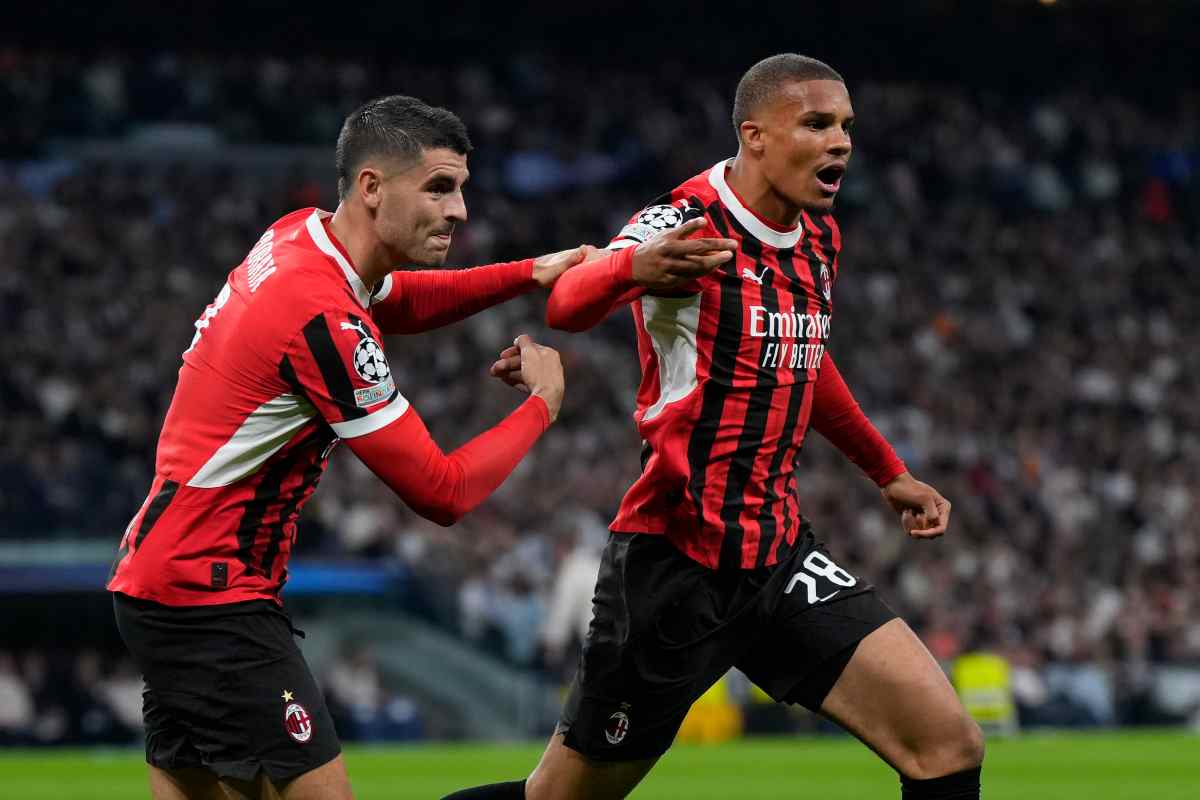 Malick Thiaw esulta con Alvaro Morata in maglia Milan