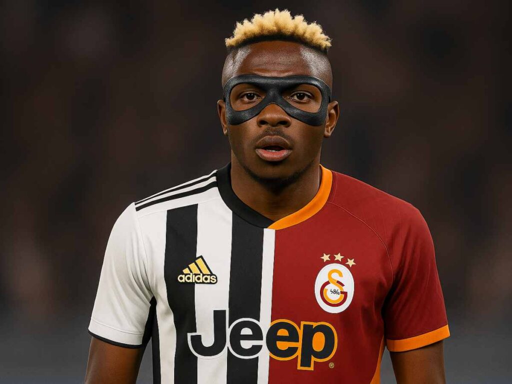 Victor Osimhen con metà maglia della Juventus e metà del Galatasaray