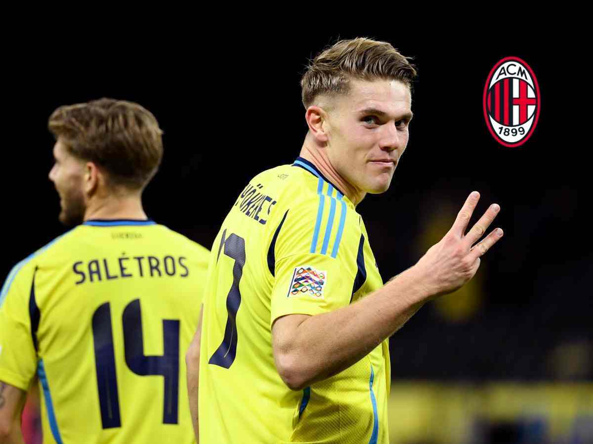 Viktor Gyokeres con la maglia della Svezia e lo stemma del Milan 