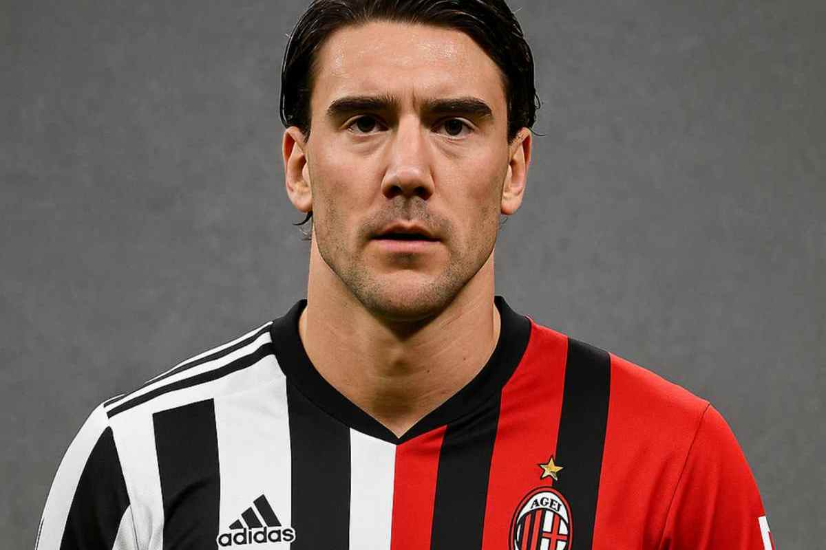 Dusan Vlahovic con la maglia metà Juve e metà Milan, immagine generata con IA