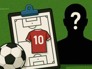 immagine a tema Fantacalcio generata con IA: un pallone, una lavagnetta tattica e un mister X