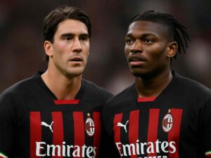 Vlahovic e Leao con la maglia del Milan, immagine generata con IA