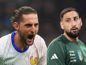 Adrien Rabiot esulta dopo un gol, Donnarumma sconsolato